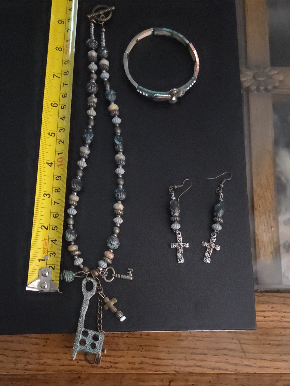 Handmade3pc Bohemian Green Beaded Cross Pendant Necklace, Bracelet & Earring Set